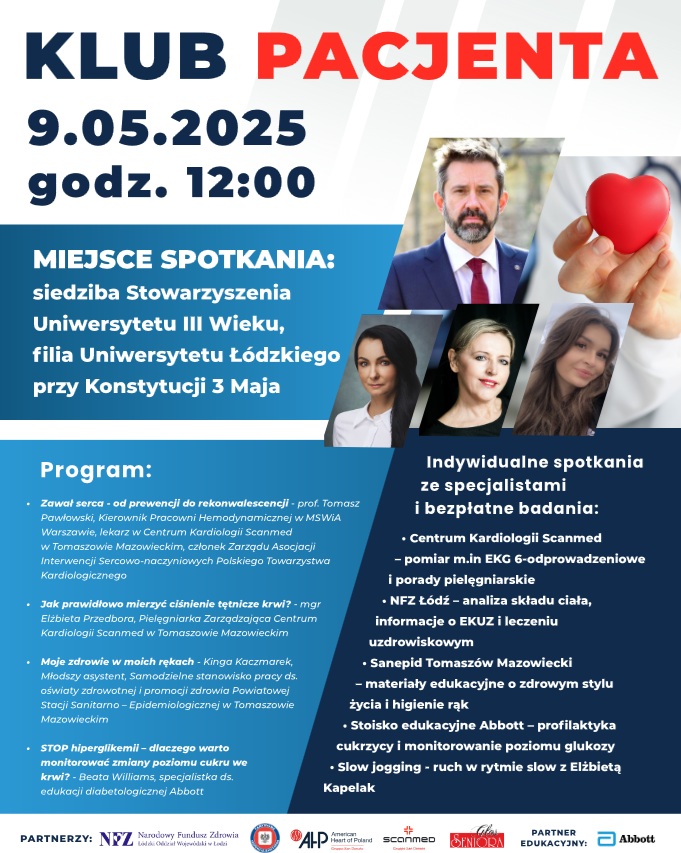 Plakat informujący o wydarzeniu Klub Pacjenta w Tomaszowie Mazowieckim