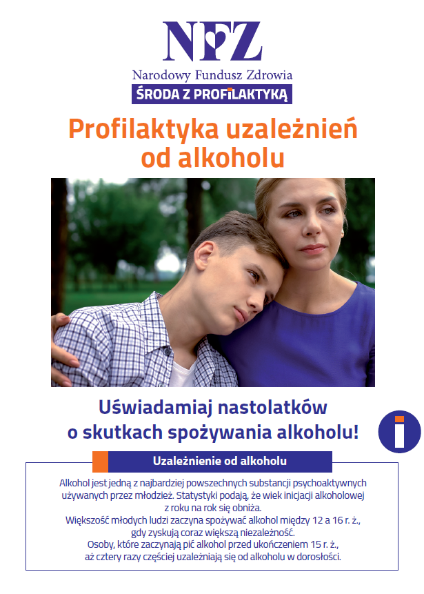 Ulotka na temat szkodliwości alkoholu. Na zdjęciu nastolatek w objęciach matki.