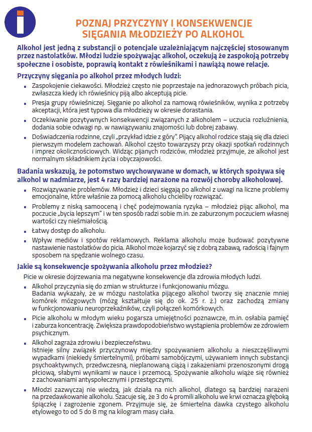 Ulotka na temat szkodliwości alkoholu. Przyczyny i konsekwencje nadużywania alkocholu u młodzieży.