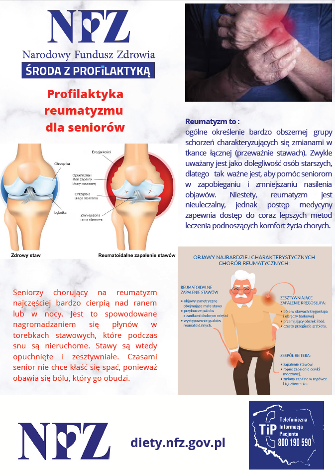 Ulotka informayjna na temat chorób reumatycznych, grafika przedstawiająca porównanie zdrowego i chorego stawu kolanowego