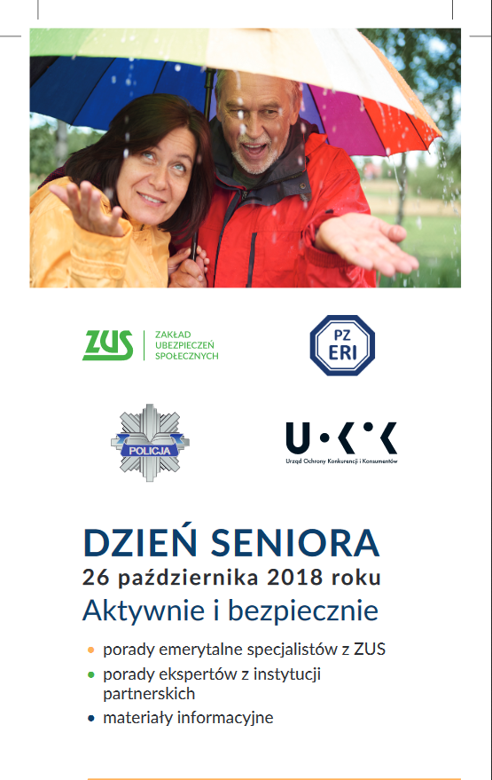 Plakat ZUS Targi Seniora - Seniorzy w deszczu