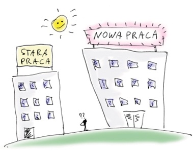 rysunek przedstawiający 2 budynki. jeden z napisem: nowa praca, drugi: stara praca